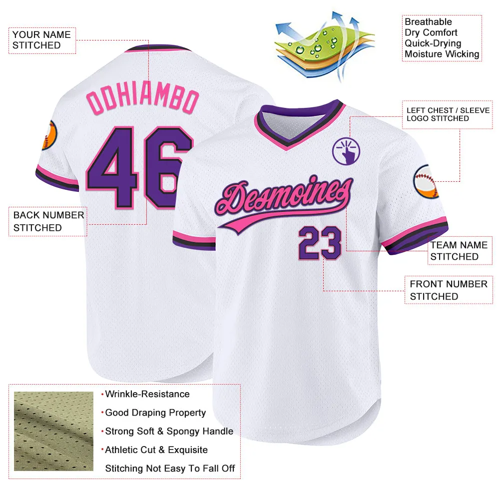 Custom White Purple Black-Pink Authentic Throwback Baseball Jersey