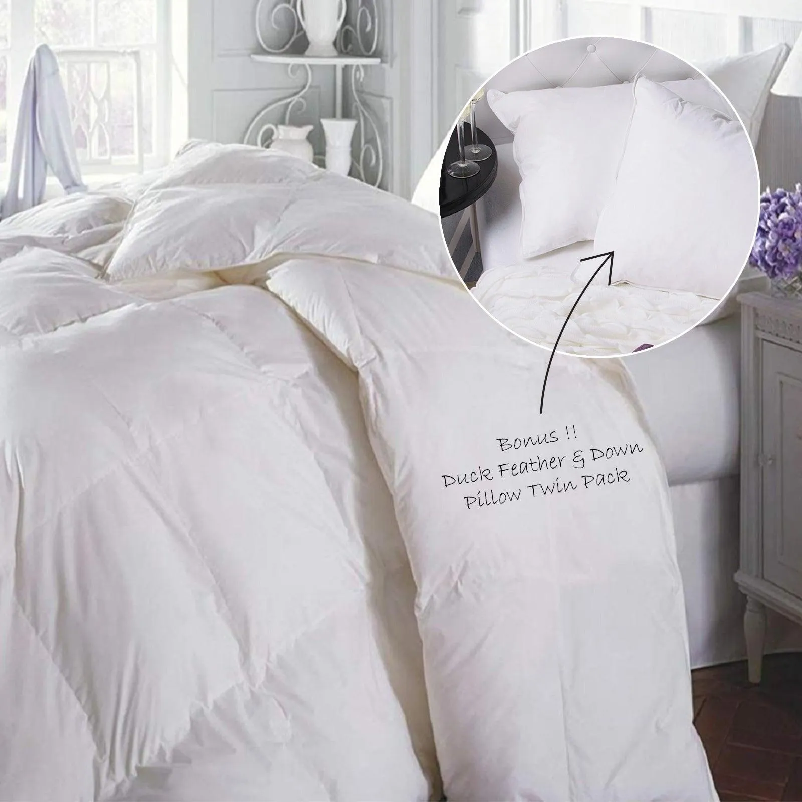 Duck Feather & Down Quilt 500GSM   Duck Feather and Down Pillows 2 Pack Combo - Super King - White