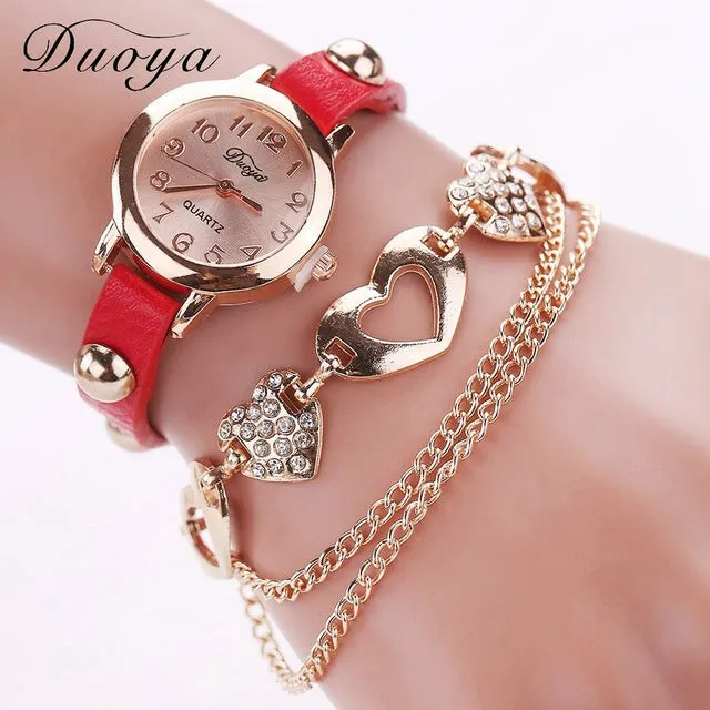 Duoya Brand Fashion Watches Women Luxury Rose Gold Heart Leather Wristwatches Ladies Dress Bracelet Chain Quartz Watch Clock New