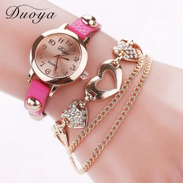 Duoya Brand Fashion Watches Women Luxury Rose Gold Heart Leather Wristwatches Ladies Dress Bracelet Chain Quartz Watch Clock New