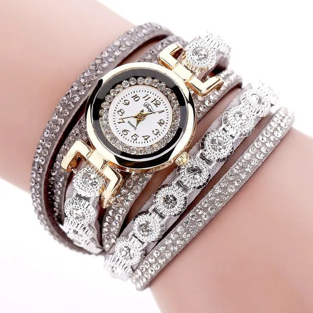 Duoya Brand Women Bracelet Luxury Wrist Watch For Women Watch 2016 Crystal Round Dial Dress Gold Ladies Leather Clock Watch