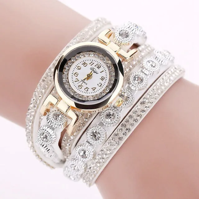 Duoya Brand Women Bracelet Luxury Wrist Watch For Women Watch 2016 Crystal Round Dial Dress Gold Ladies Leather Clock Watch