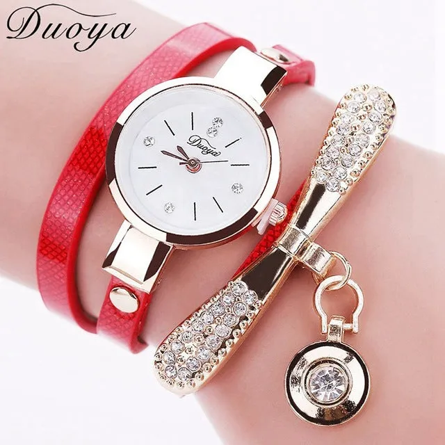 Duoya Women Bracelet Fashion Watch Gold Crystal Rhinestone Leather Dress Quartz Wristwatch Clock Ladies Vintage Luxury Watch