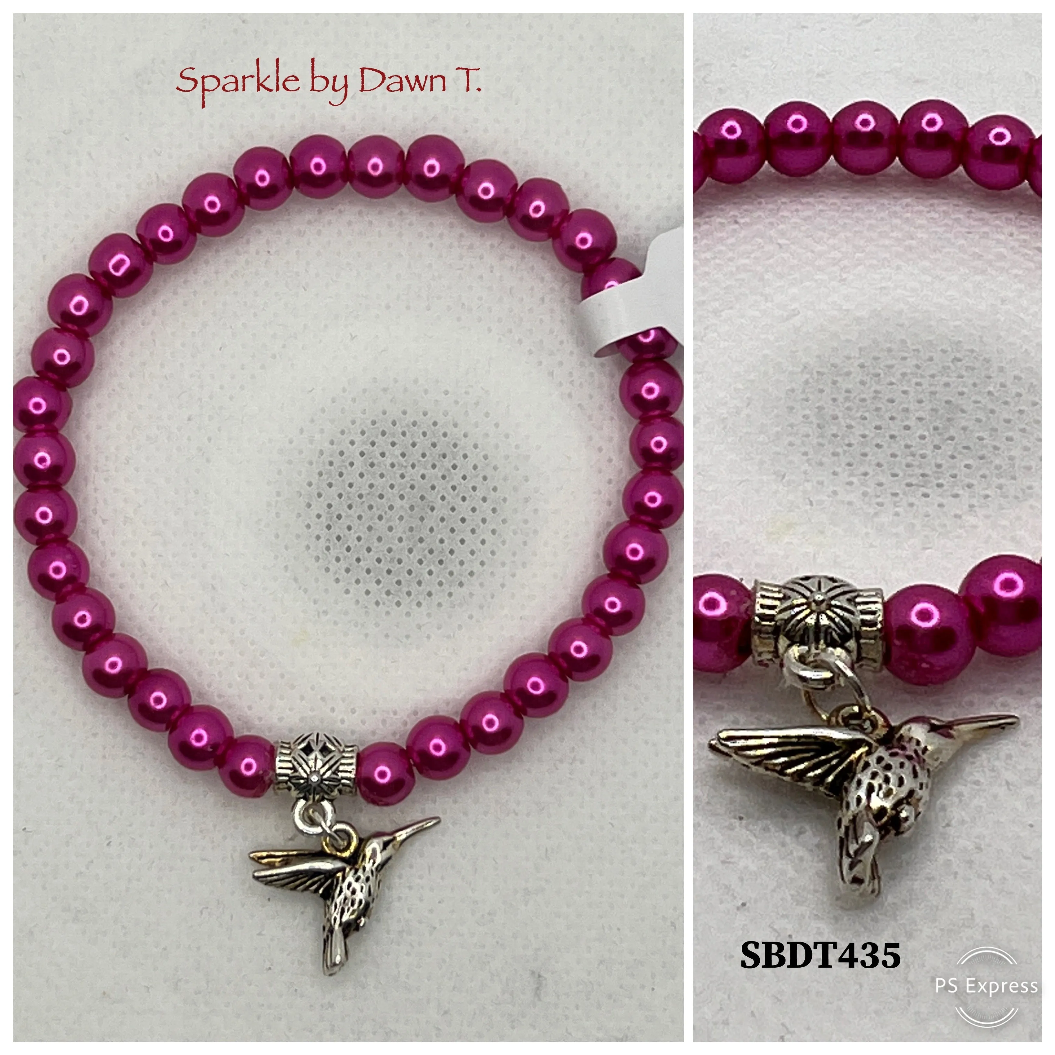 Fuchsia Pink Pearl Stretch Bracelet with hummingbird