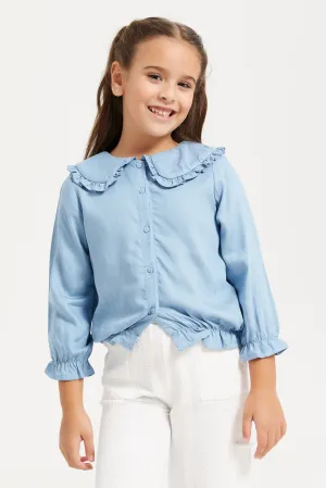 Girls Solid Blue Peter Pan  Shirt