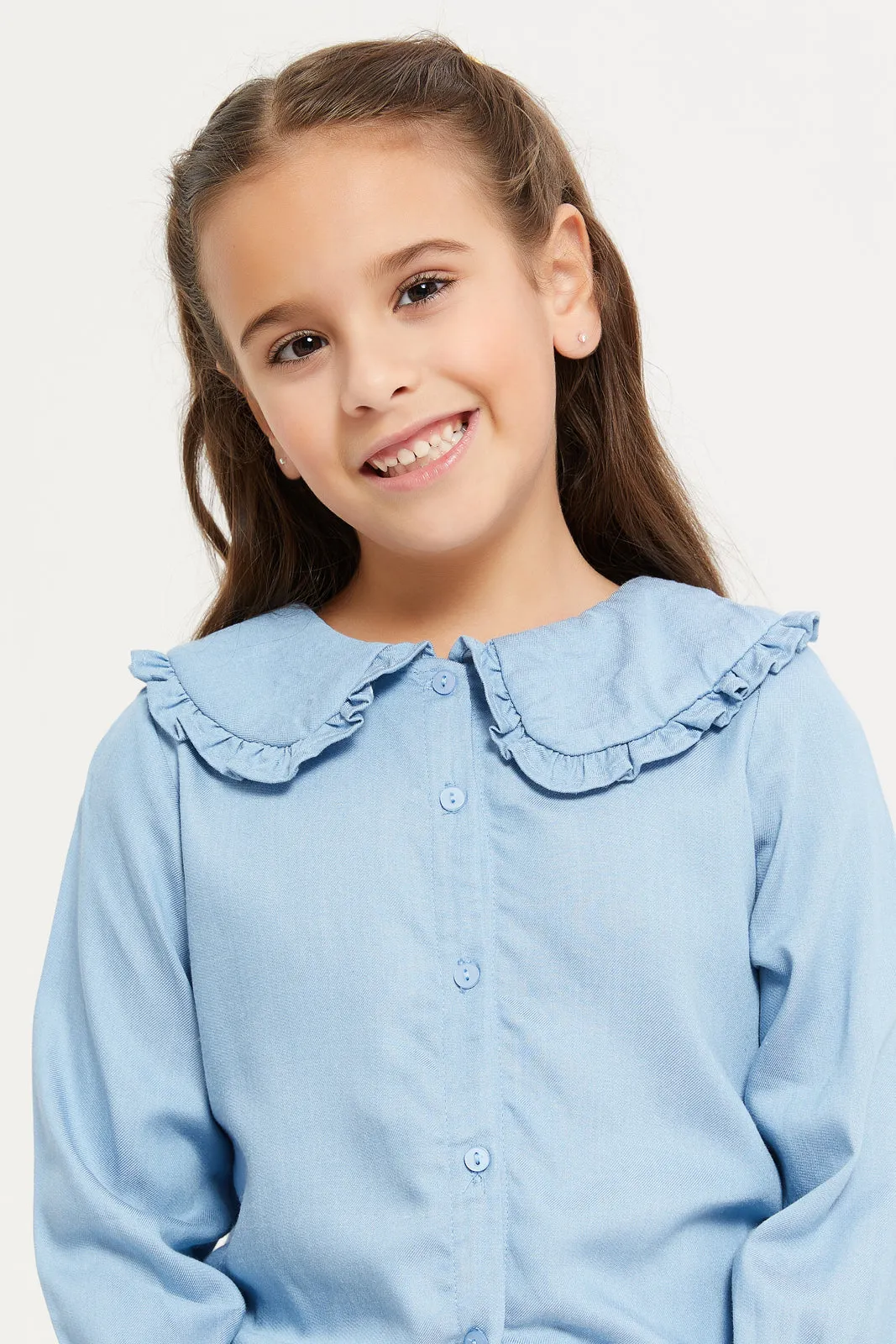 Girls Solid Blue Peter Pan  Shirt