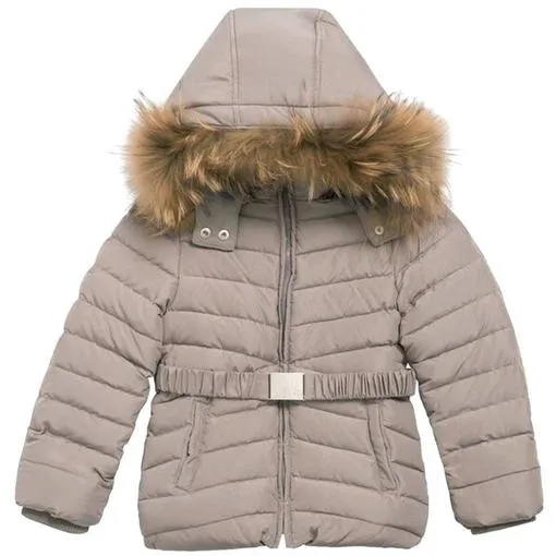 Girls Taupe Coat With Fur Hood