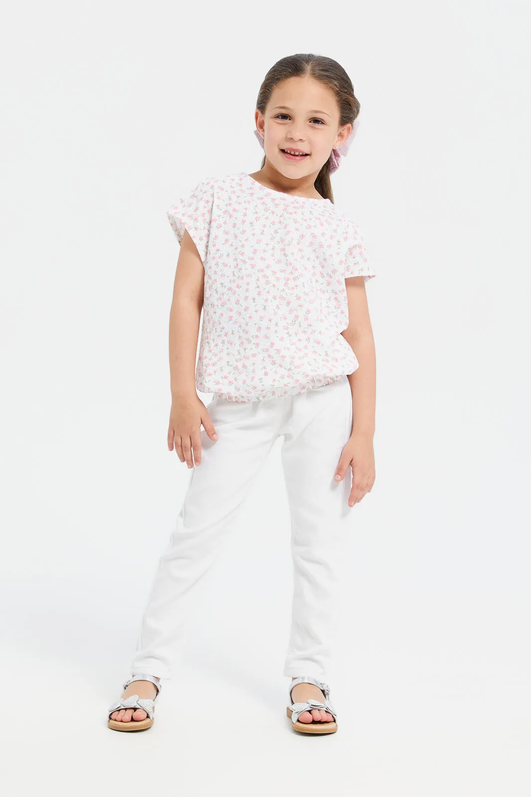 Girls White Plain Knit Denim Jeggings