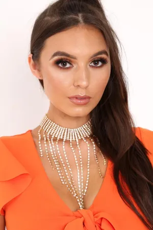 Gold Diamante Drop Down Choker Necklace - Mackenize