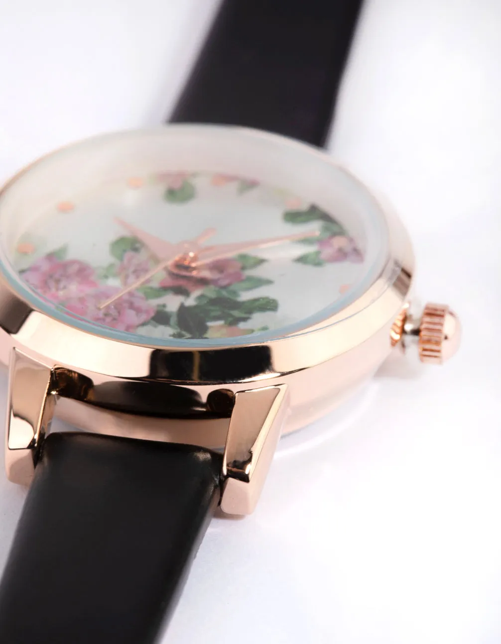 Gold Slim Foral PU Strap Watch