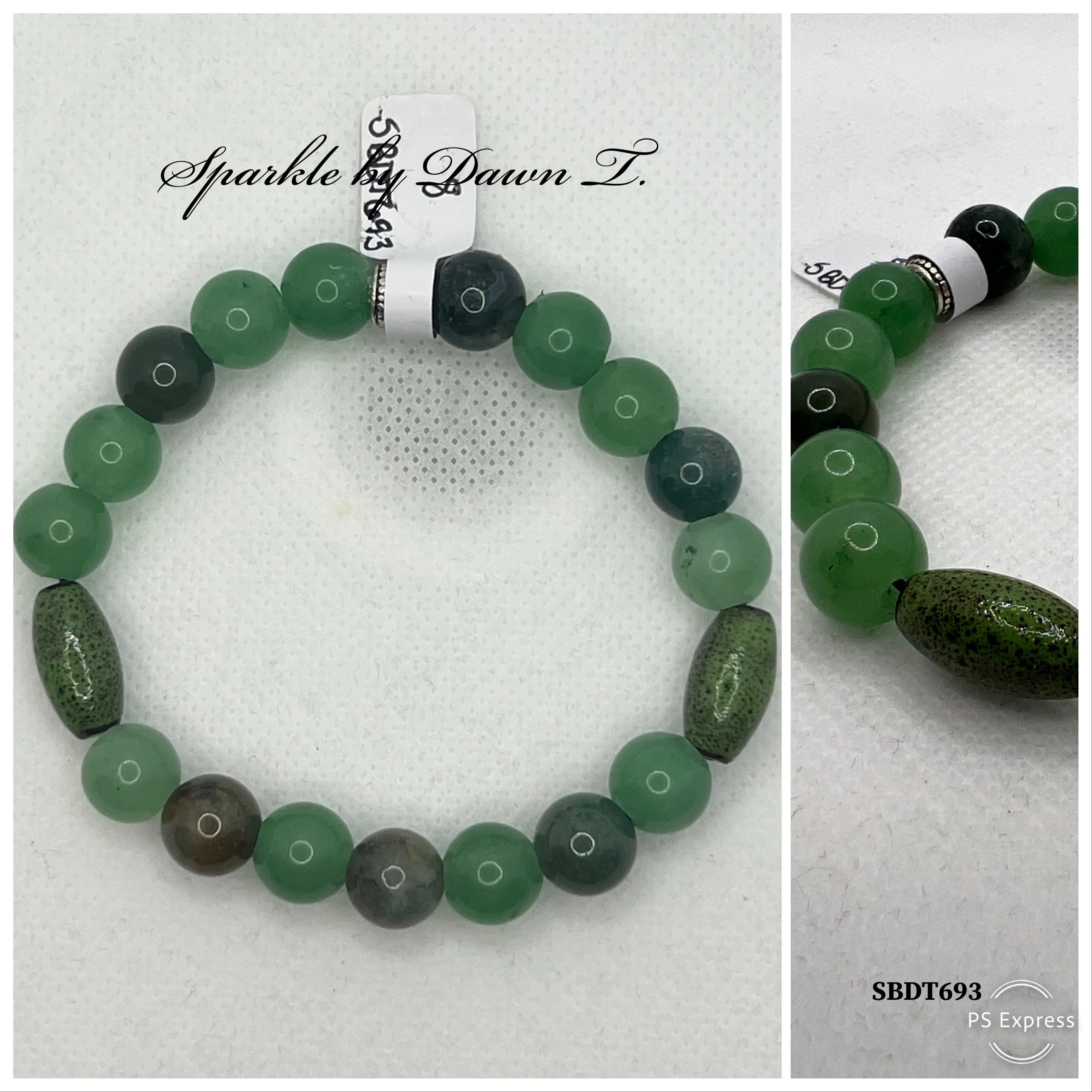 Green Aventurine with Porcelain Beaded Stretch Bracelet