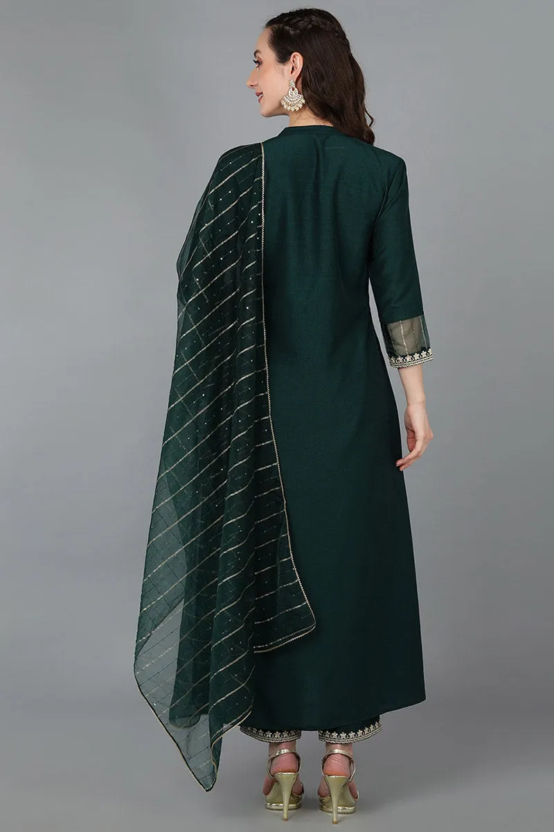 Green Silk Blend Solid A-Line Kurta Trousers With Dupatta