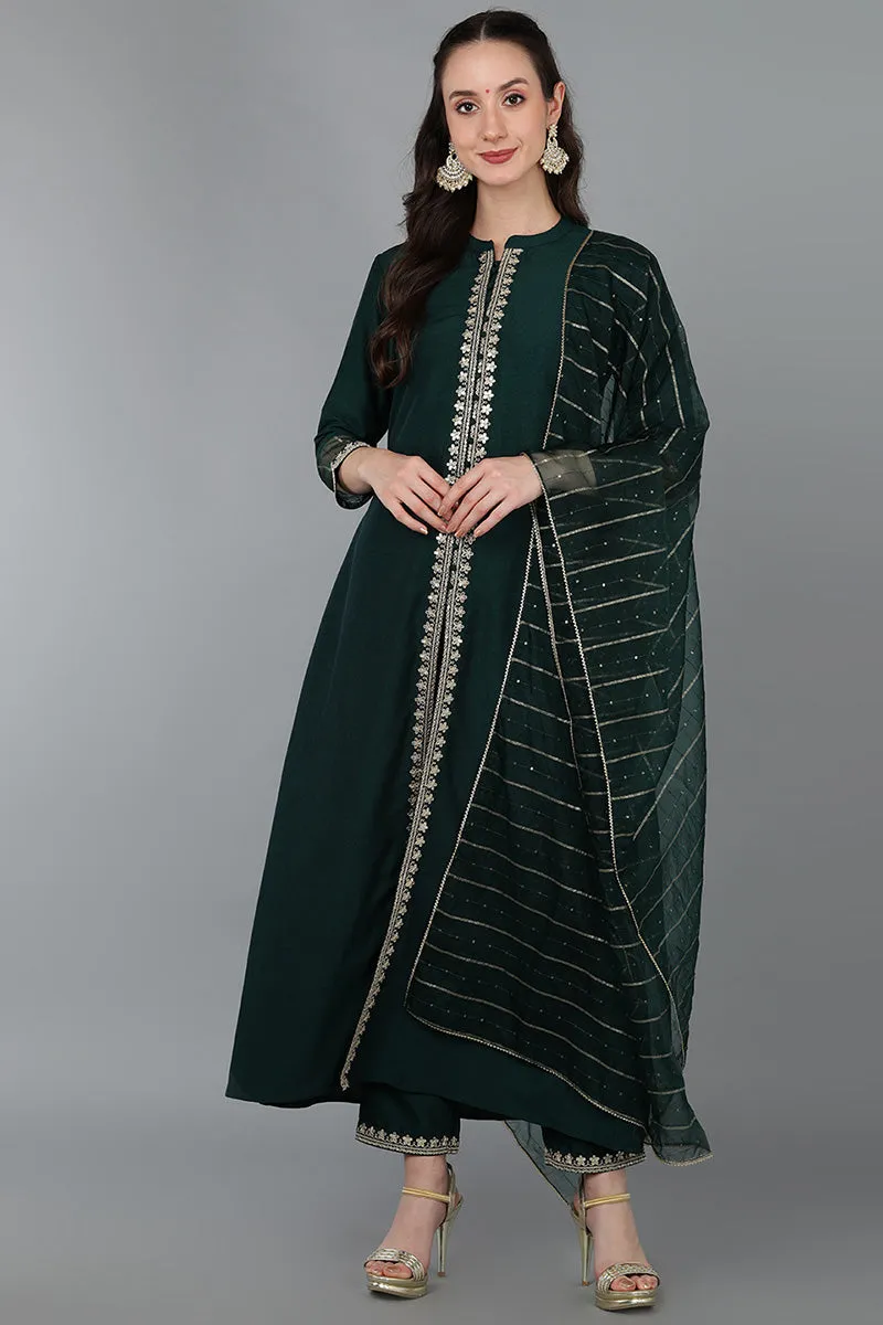 Green Silk Blend Solid A-Line Kurta Trousers With Dupatta