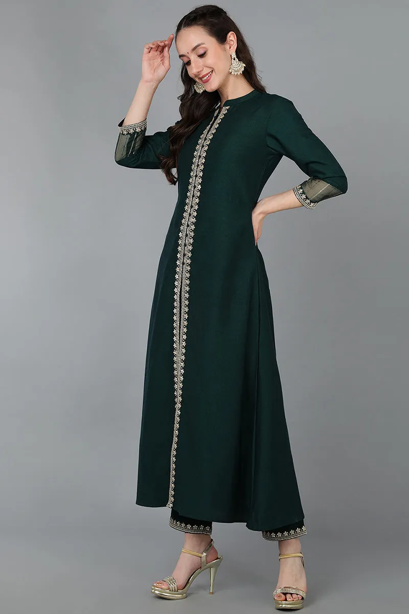 Green Silk Blend Solid A-Line Kurta Trousers With Dupatta