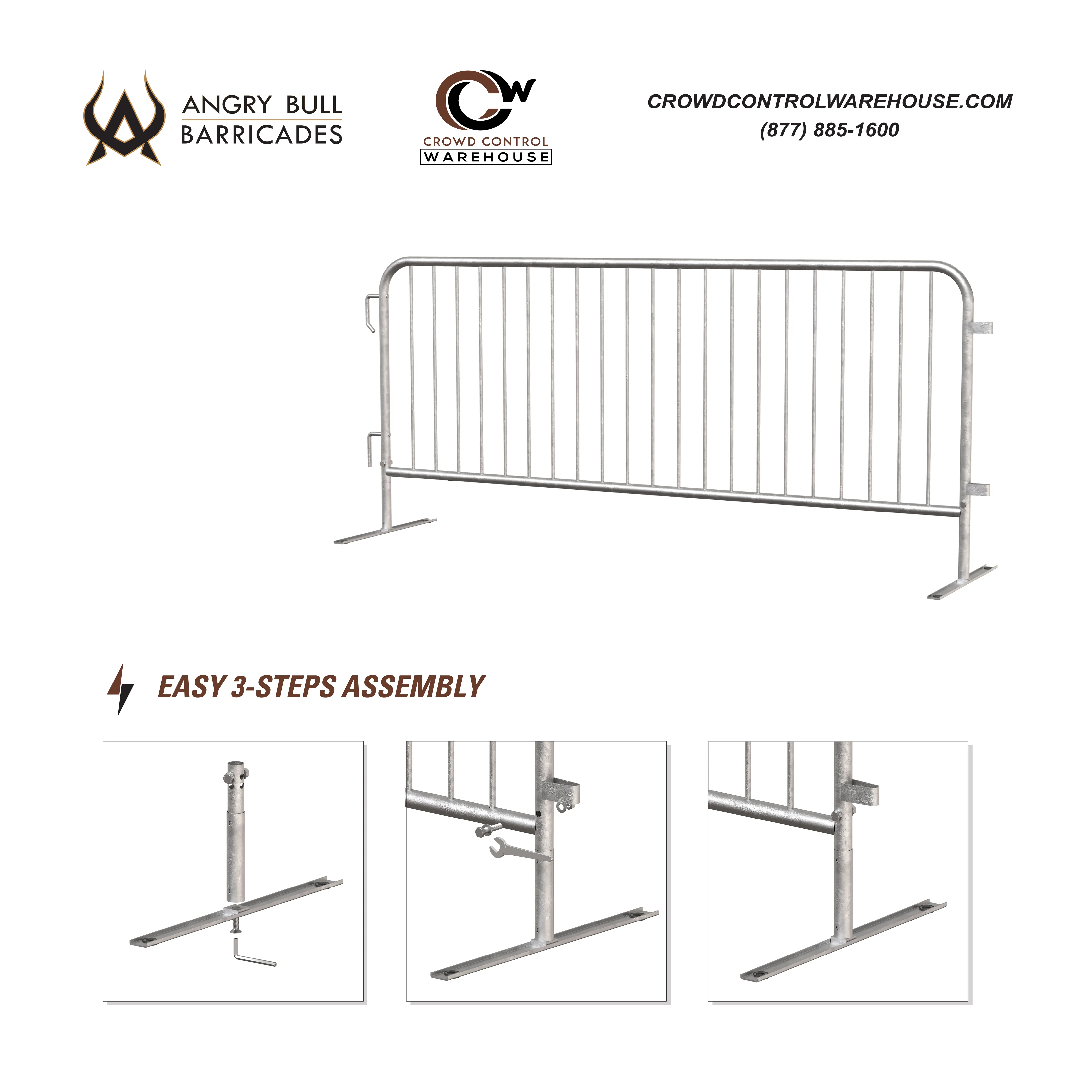 Heavy Duty Interlocking Steel Barricade, Hot Dipped Galvanized, 8.5 Ft. - Angry Bull Barricades