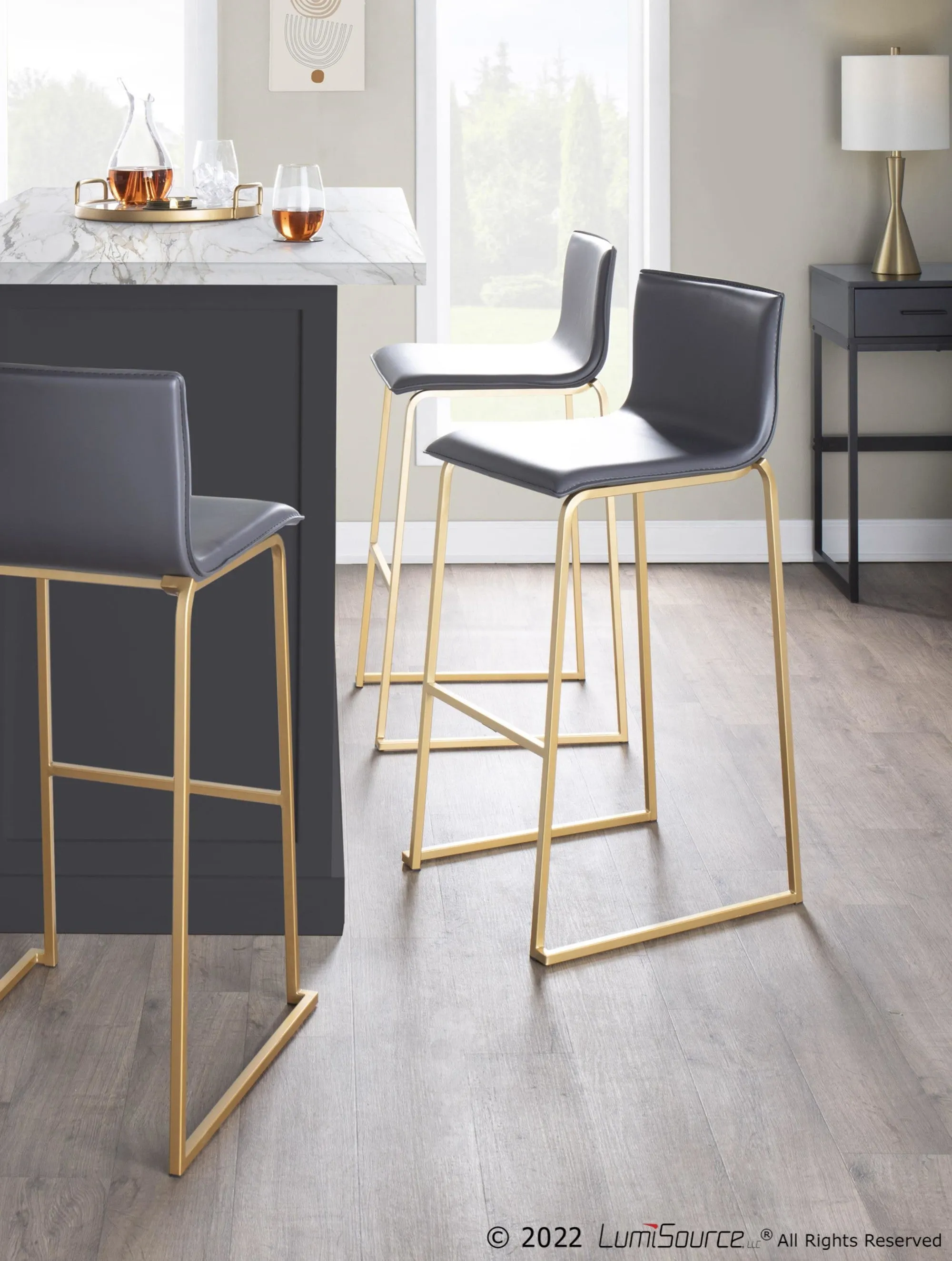 Mara Contemporary Barstool in Gold Steel and Grey Faux Leather by LumiSource - Set of 2