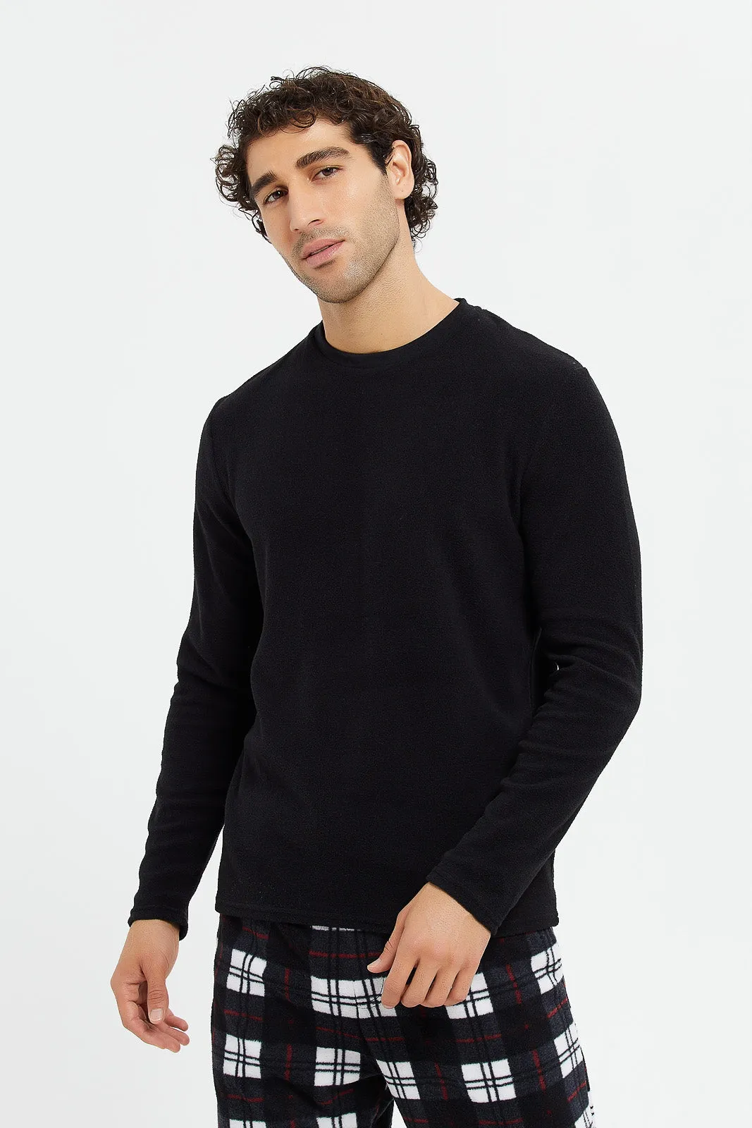 Men Black Check Fleece Lounge Set (2 Piece)