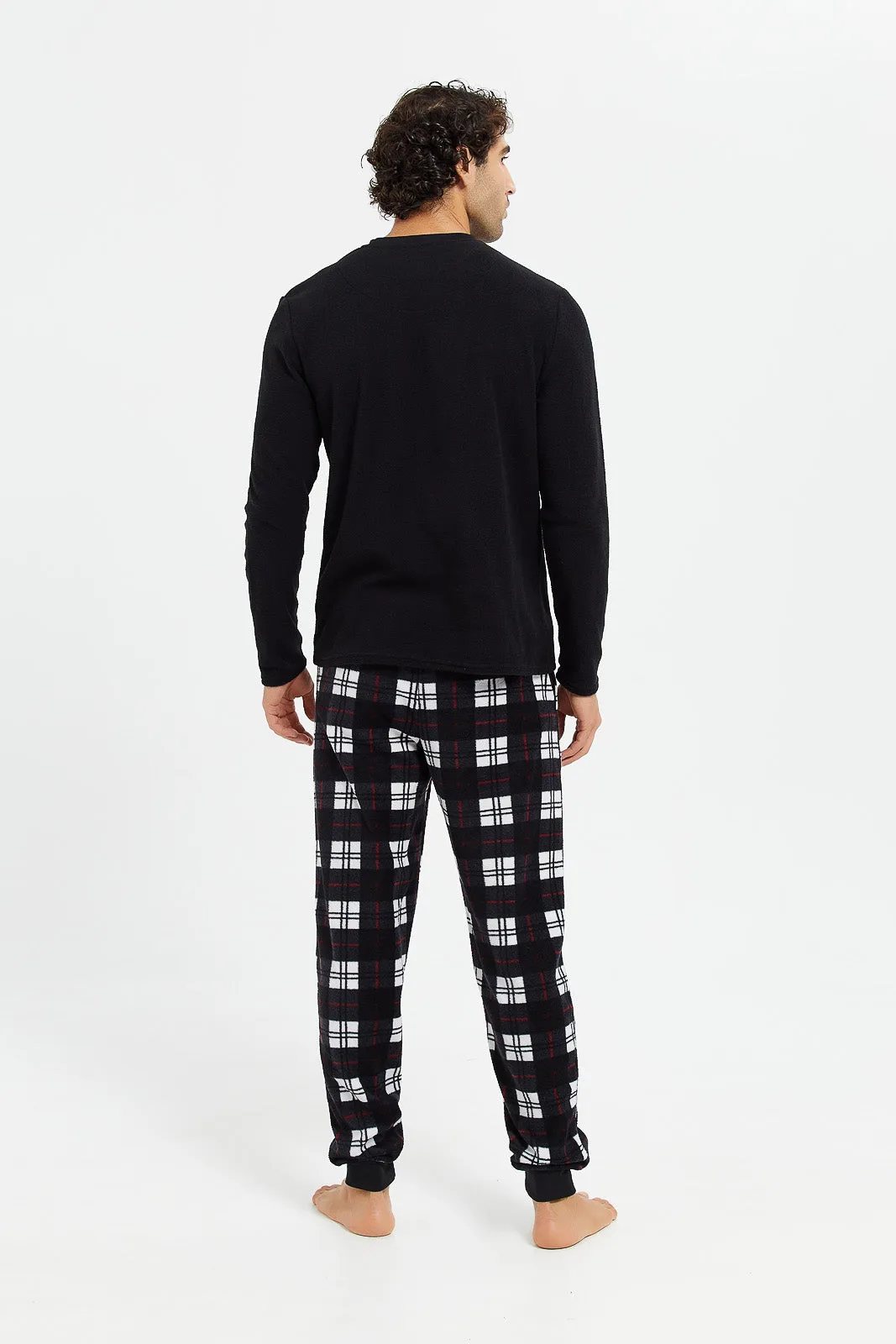 Men Black Check Fleece Lounge Set (2 Piece)