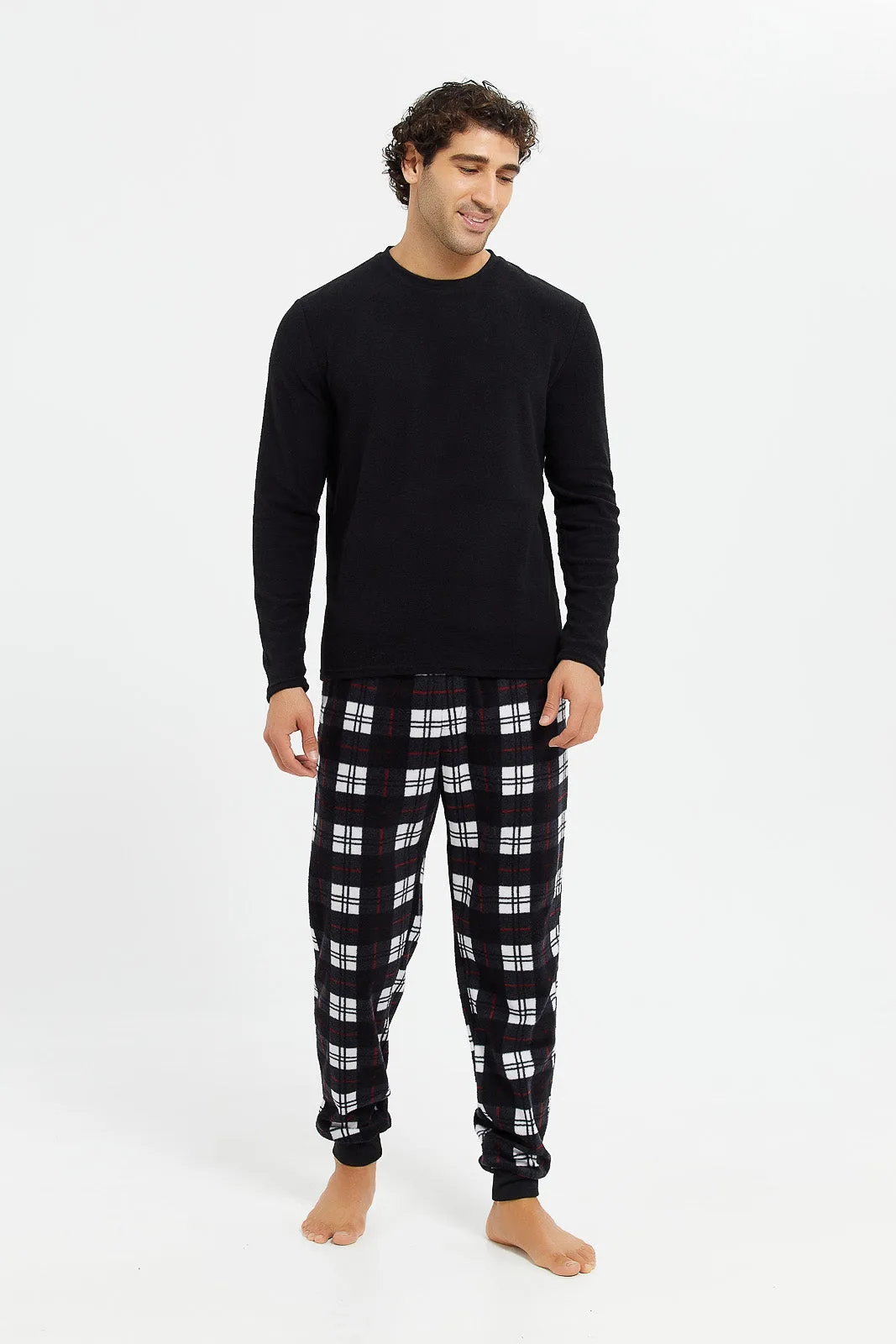 Men Black Check Fleece Lounge Set (2 Piece)