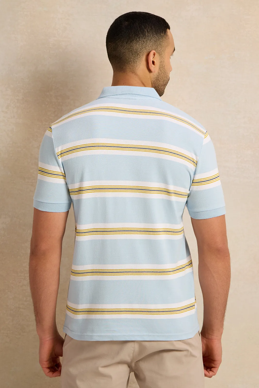 Men Blue Stripe Pique Polo Shirt