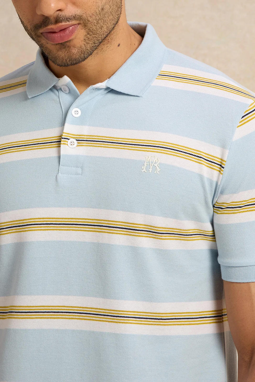 Men Blue Stripe Pique Polo Shirt