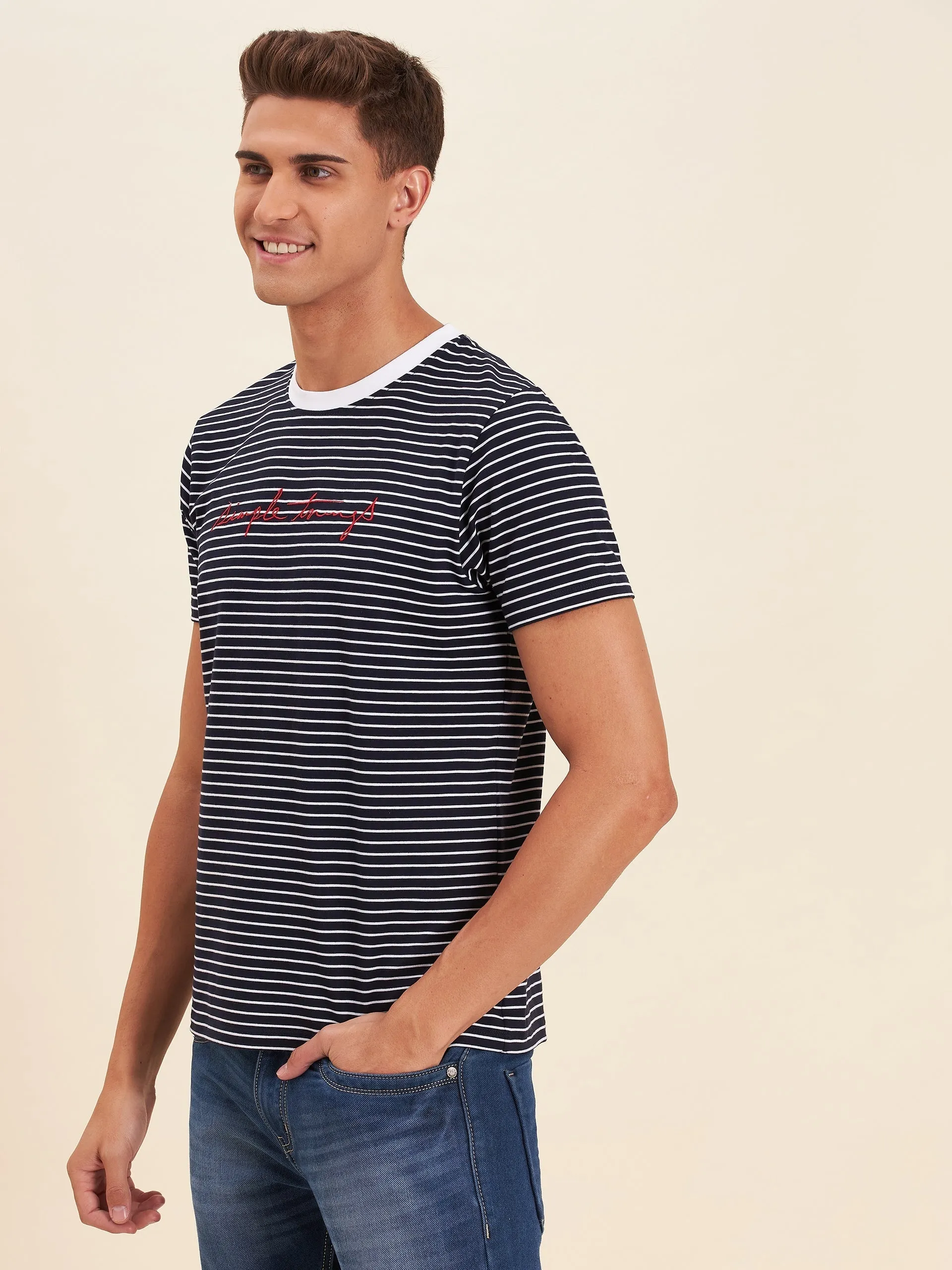 Men Navy & White Stripes Embroidered Cotton T-Shirt