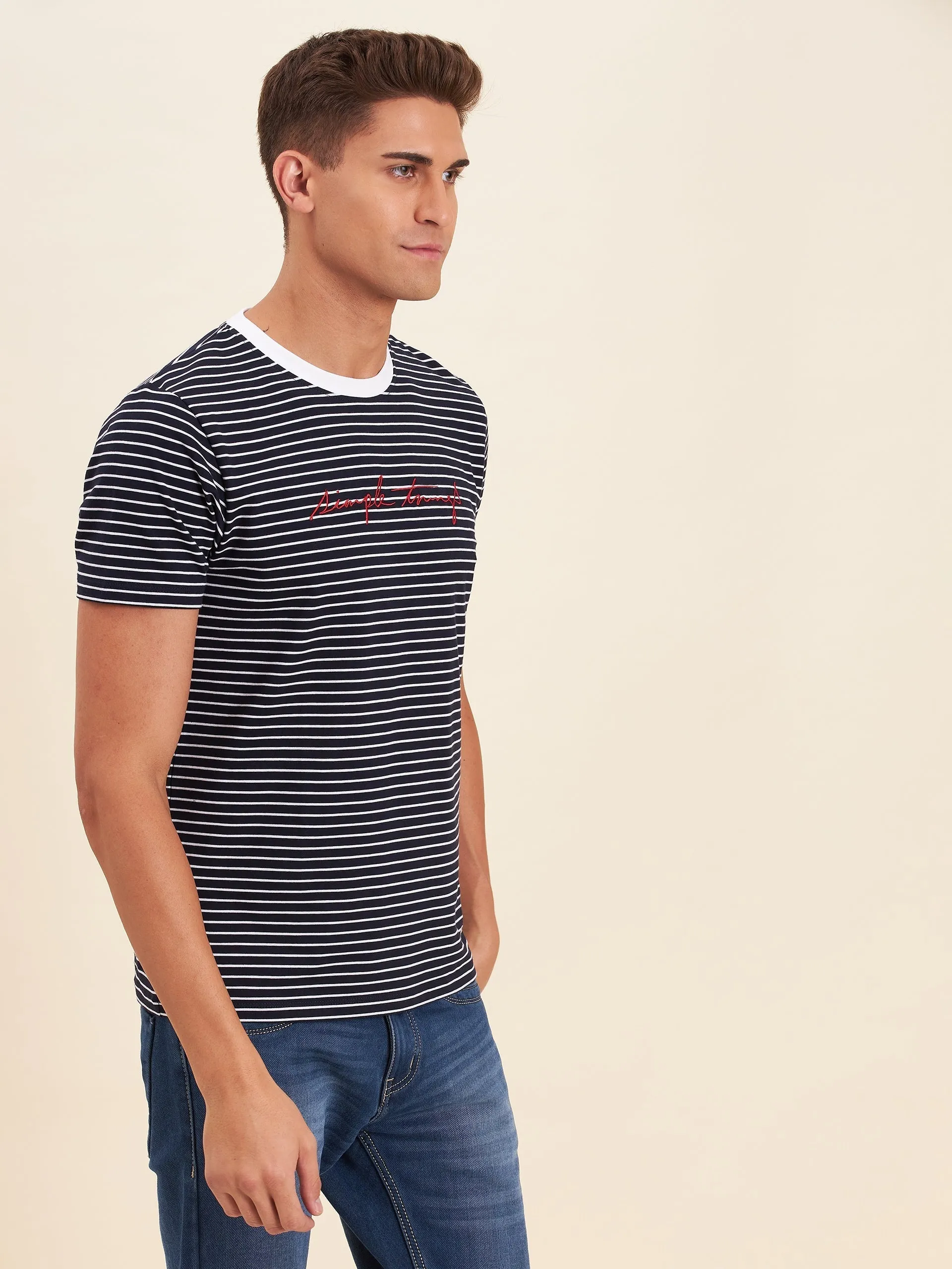 Men Navy & White Stripes Embroidered Cotton T-Shirt