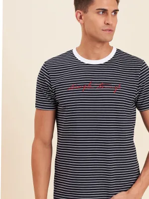 Men Navy & White Stripes Embroidered Cotton T-Shirt