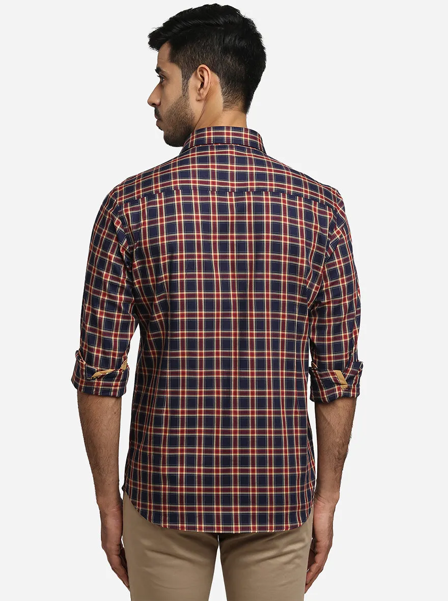 Navy Blue & Red Checked Slim Fit Formal Shirt | Greenfibre