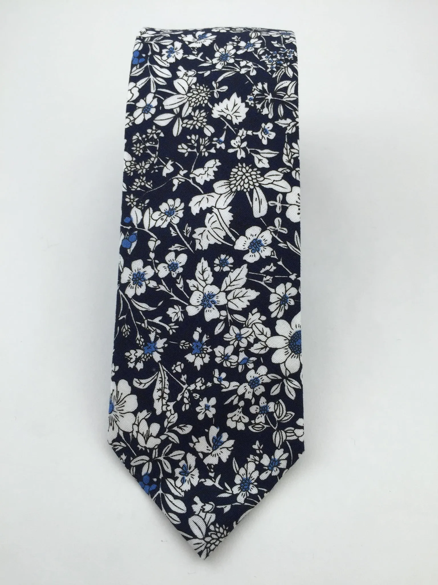 Navy Skinny Cotton Tie with White Flowers