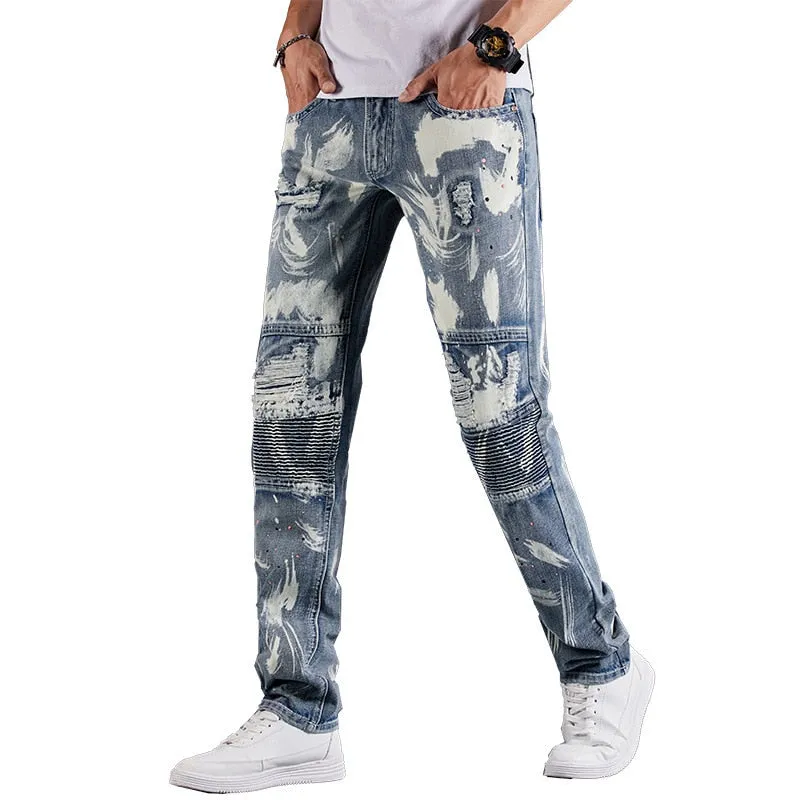 Paint Stain Decorated Patchwork Grey Jeans