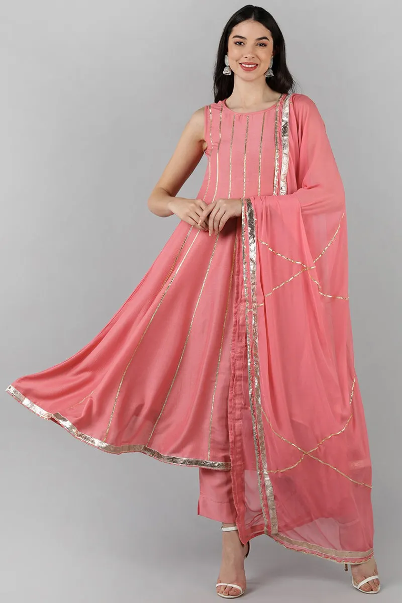 Pink Poly Silk Gotta Patti Anarkali Suit Set