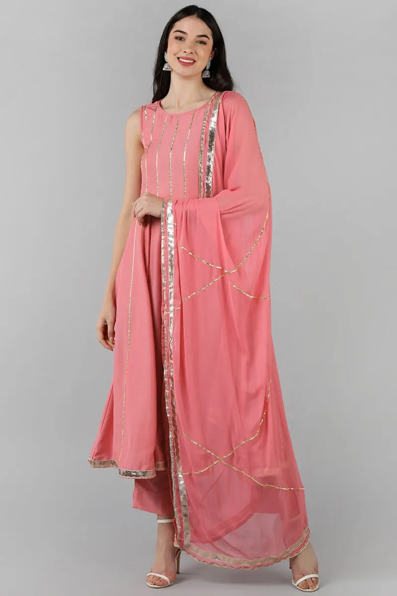 Pink Poly Silk Gotta Patti Anarkali Suit Set