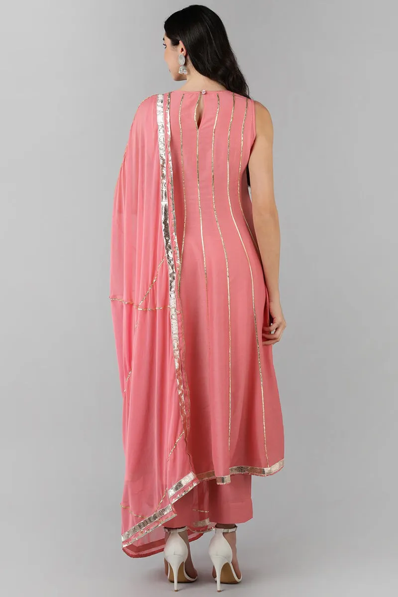 Pink Poly Silk Gotta Patti Anarkali Suit Set