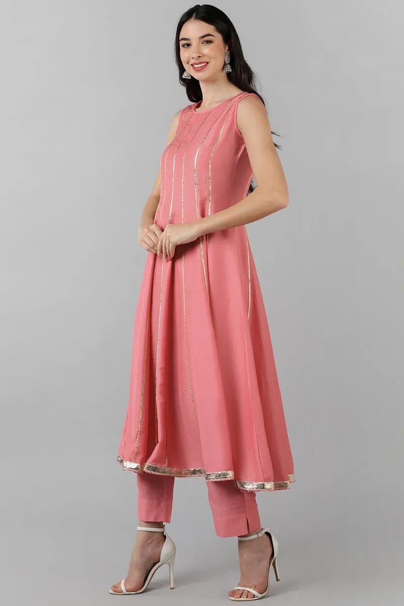 Pink Poly Silk Gotta Patti Anarkali Suit Set