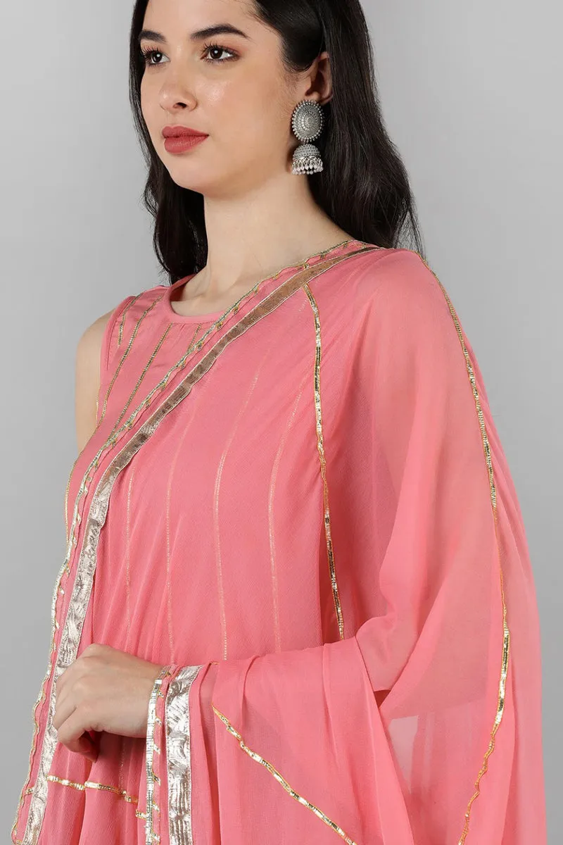 Pink Poly Silk Gotta Patti Anarkali Suit Set