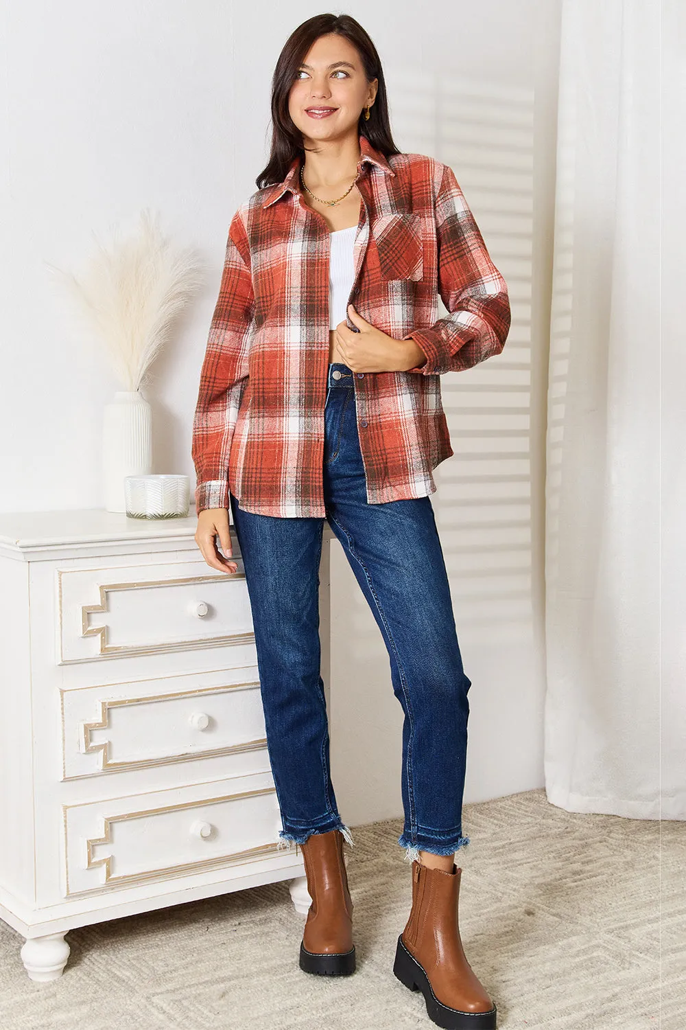 Plaid Collared Neck Long Sleeve Shirt