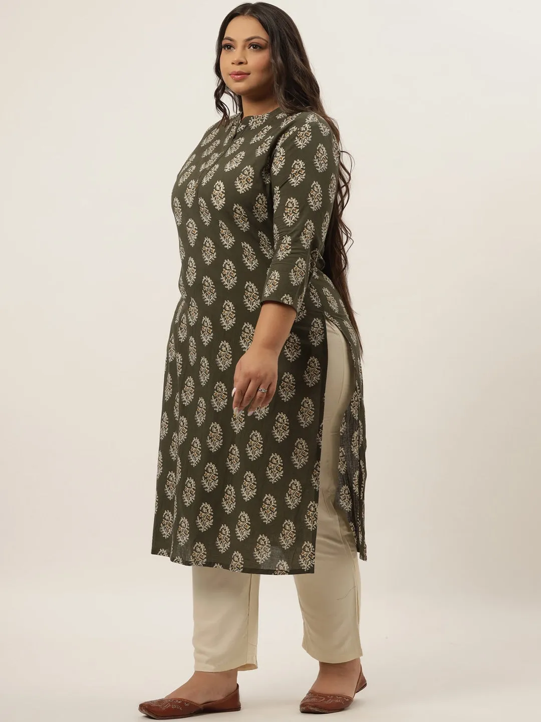 Plus Size Olive Printed Kurta Set