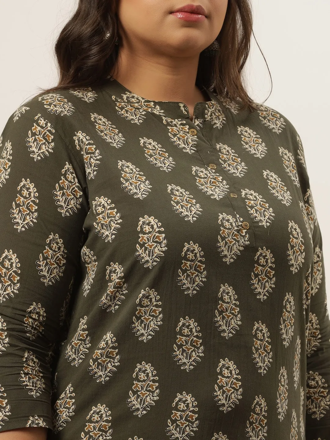 Plus Size Olive Printed Kurta Set