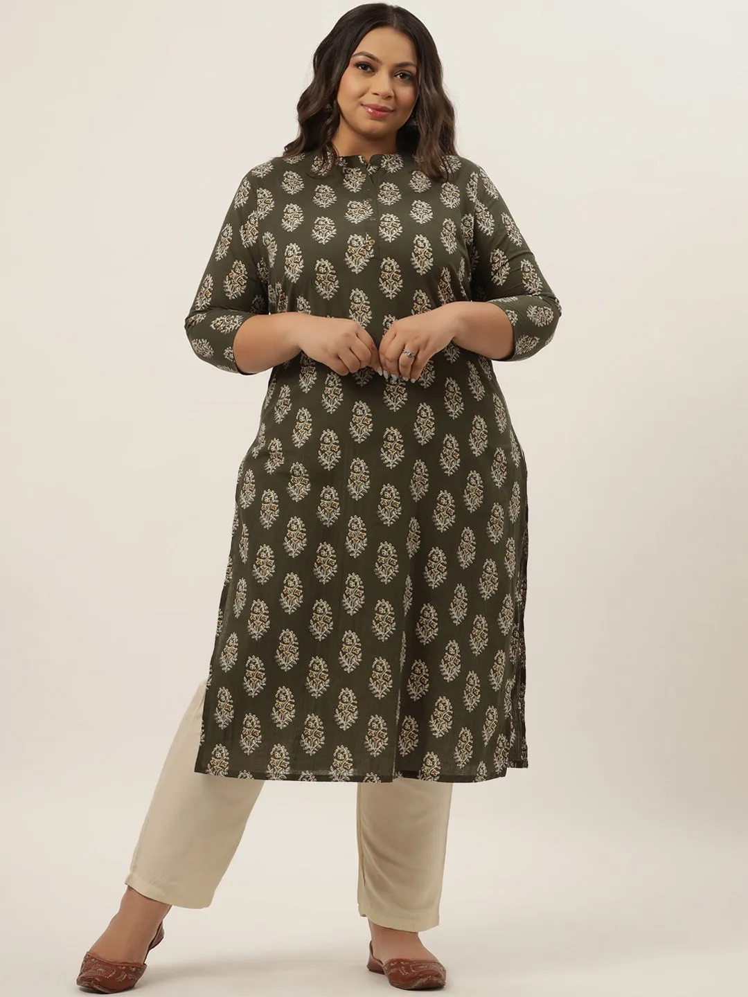 Plus Size Olive Printed Kurta Set