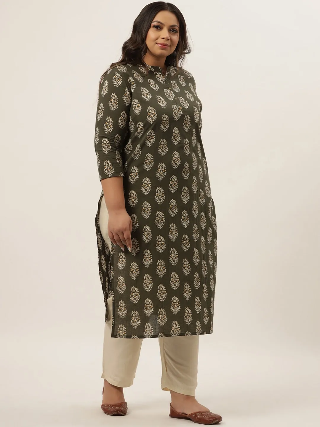 Plus Size Olive Printed Kurta Set