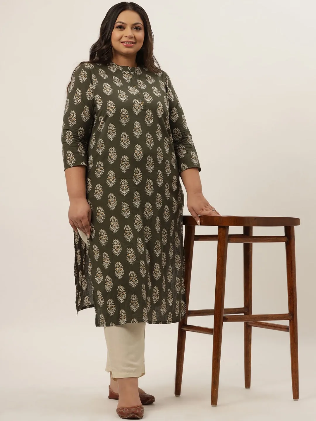 Plus Size Olive Printed Kurta Set