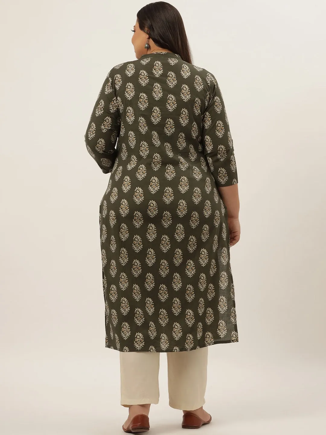 Plus Size Olive Printed Kurta Set