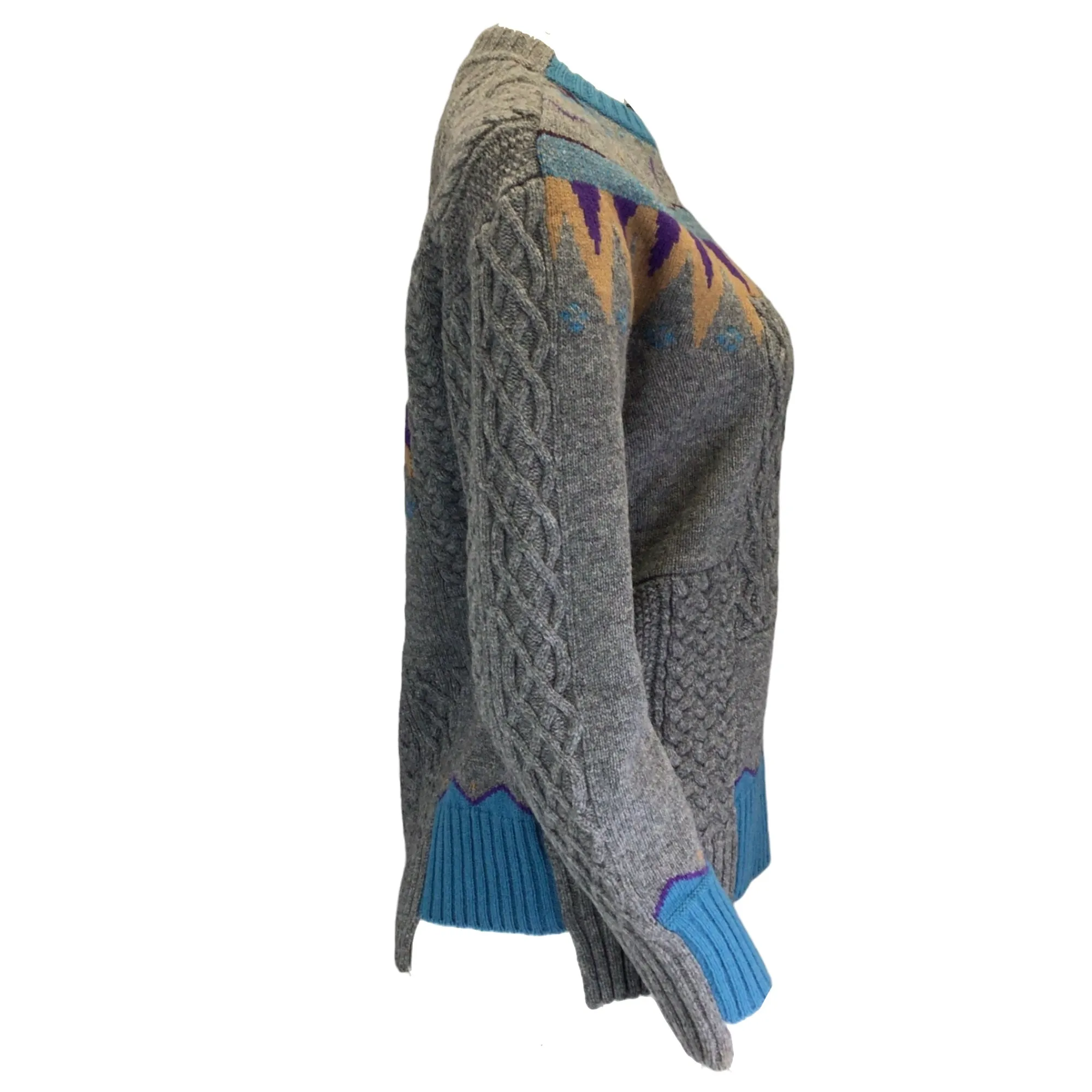 Sacai Grey / Blue Multi Patchwork Cable Knit Wool Sweater