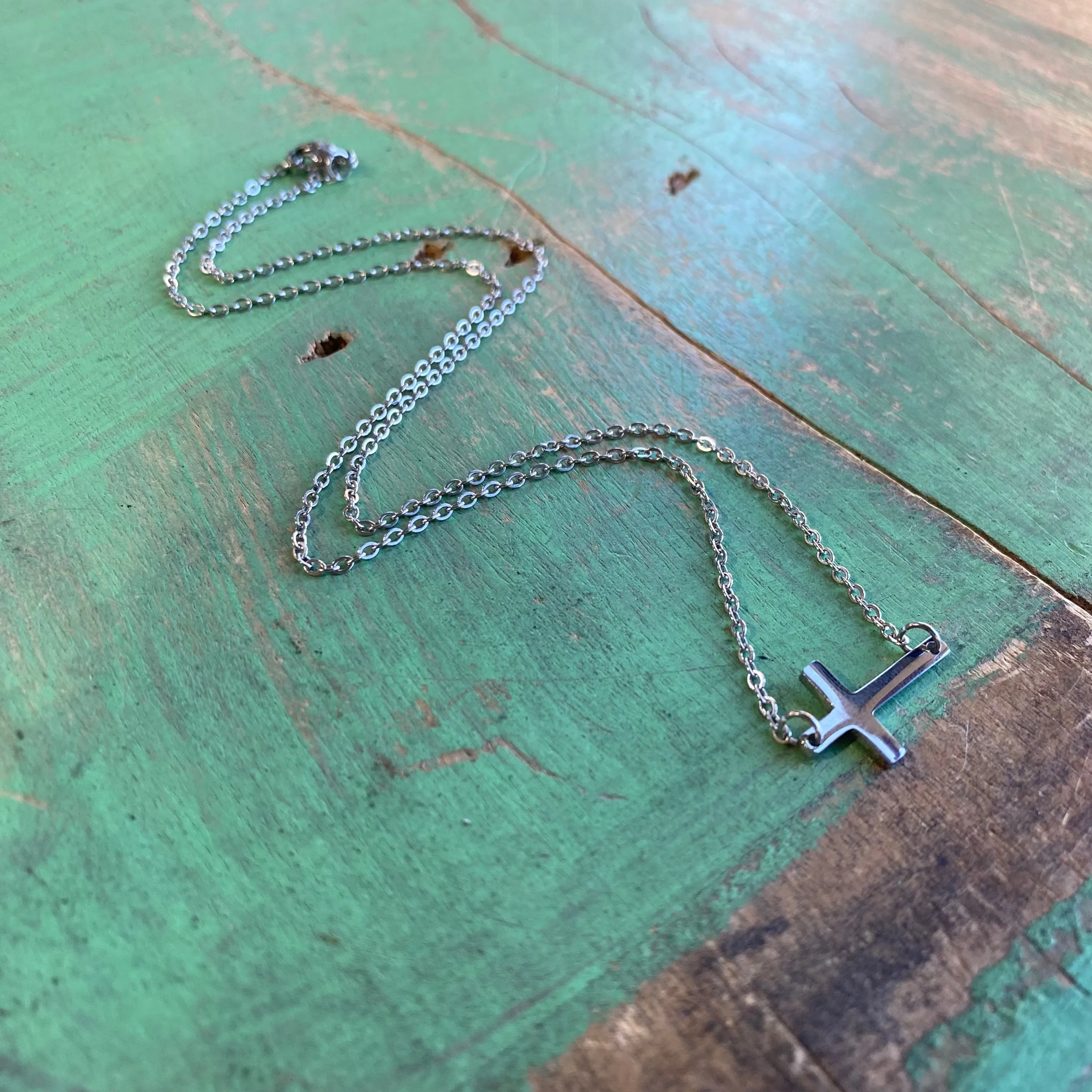 Stainless Steel Simple Sideways Cross Necklace