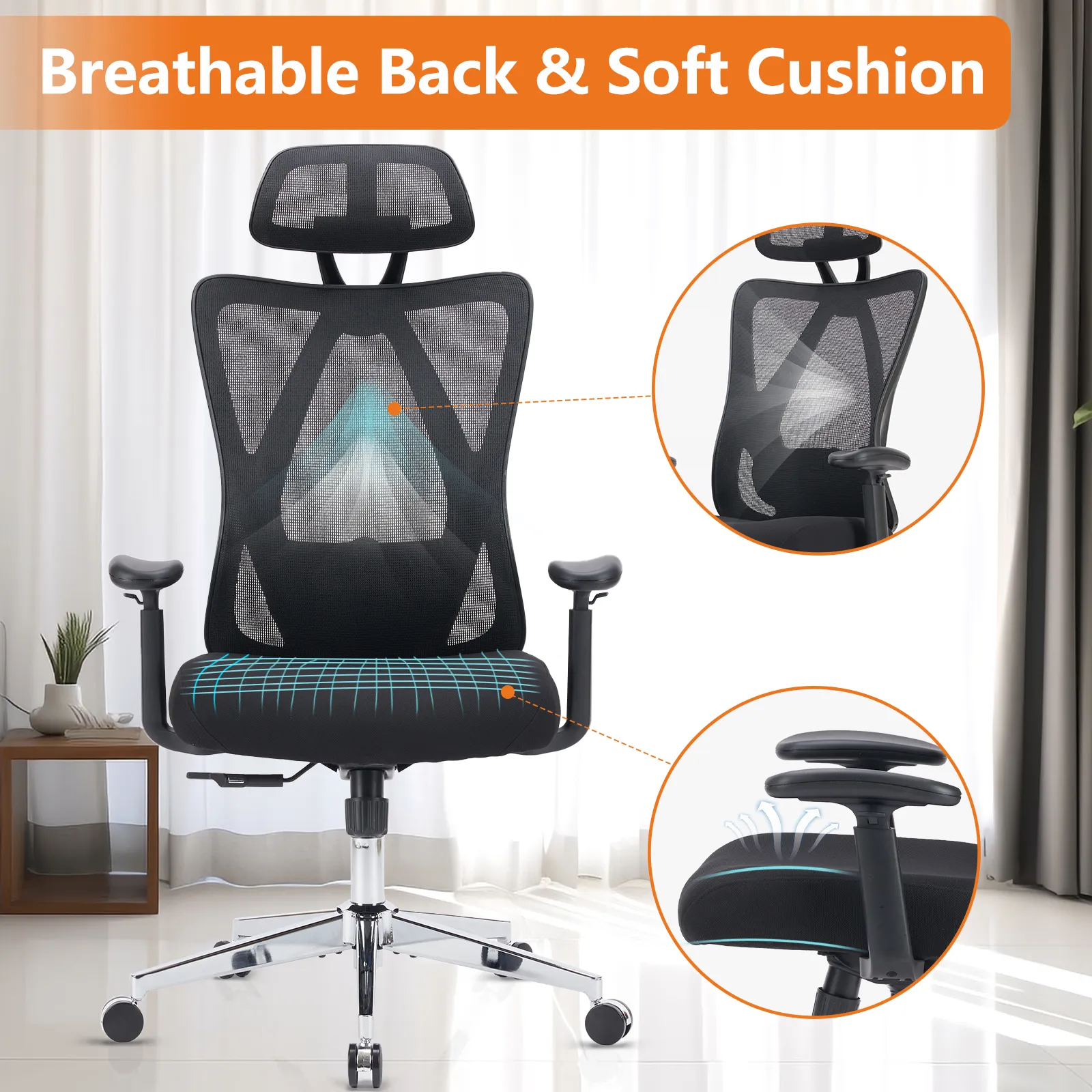 Sweetcrispy High Back Ergonomic Office Chair Adjustable Headrest and Waistrest Mesh Desk chair