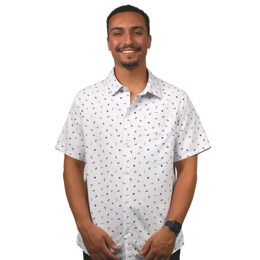 Tetris Grayscale Scattered White Button Up Shirt