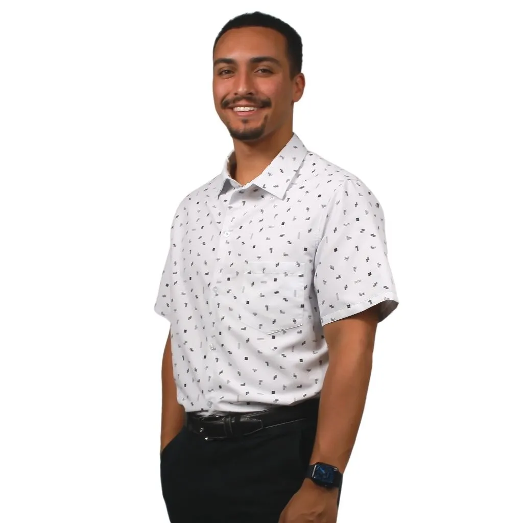 Tetris Grayscale Scattered White Button Up Shirt