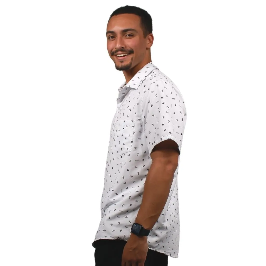 Tetris Grayscale Scattered White Button Up Shirt