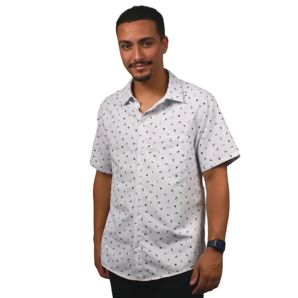 Tetris Grayscale Scattered White Button Up Shirt